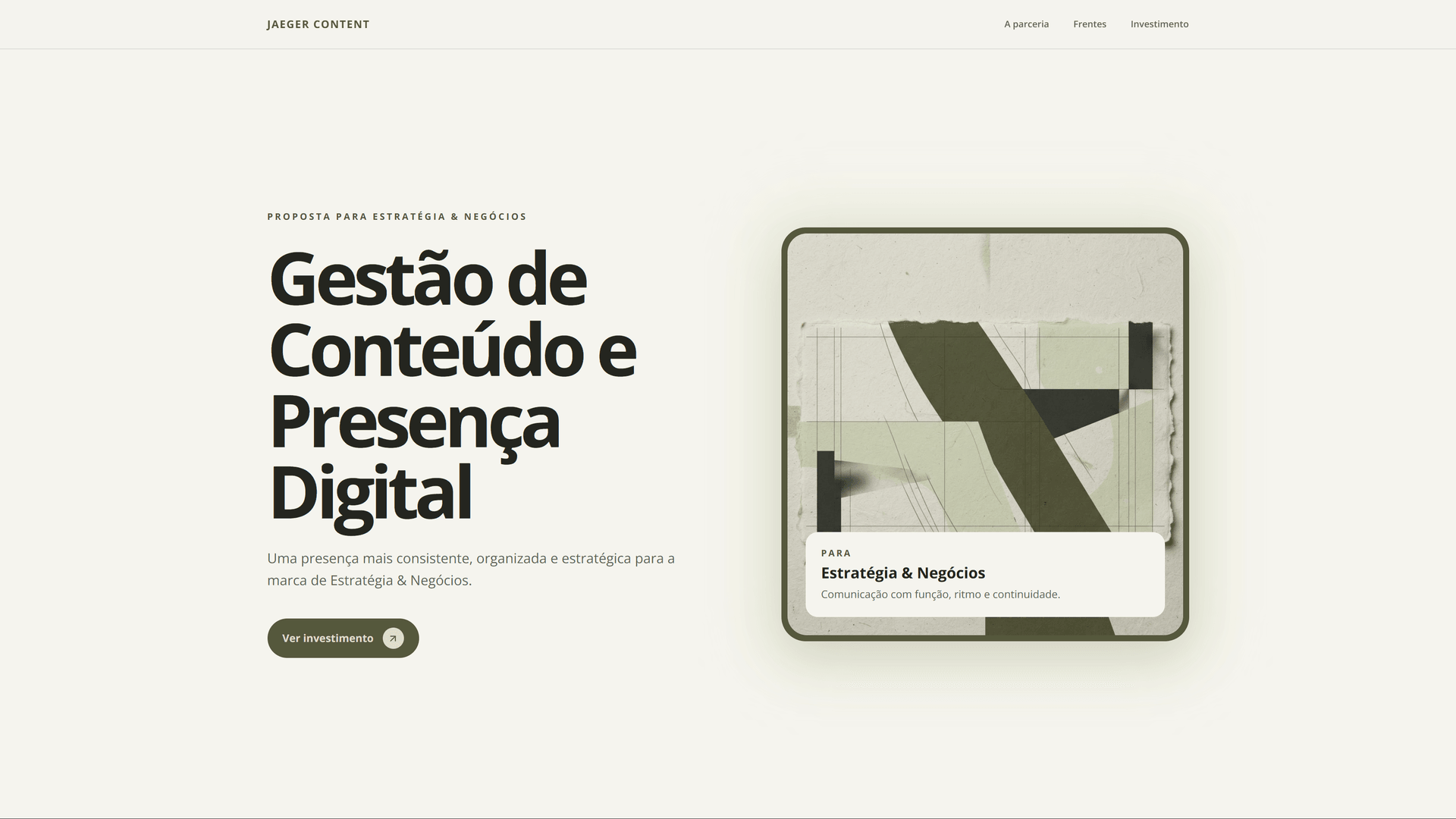 Abertura da proposta: headline “Gestão de Conteúdo e Presença Digital”, com imagem de apoio e botão de investimento.