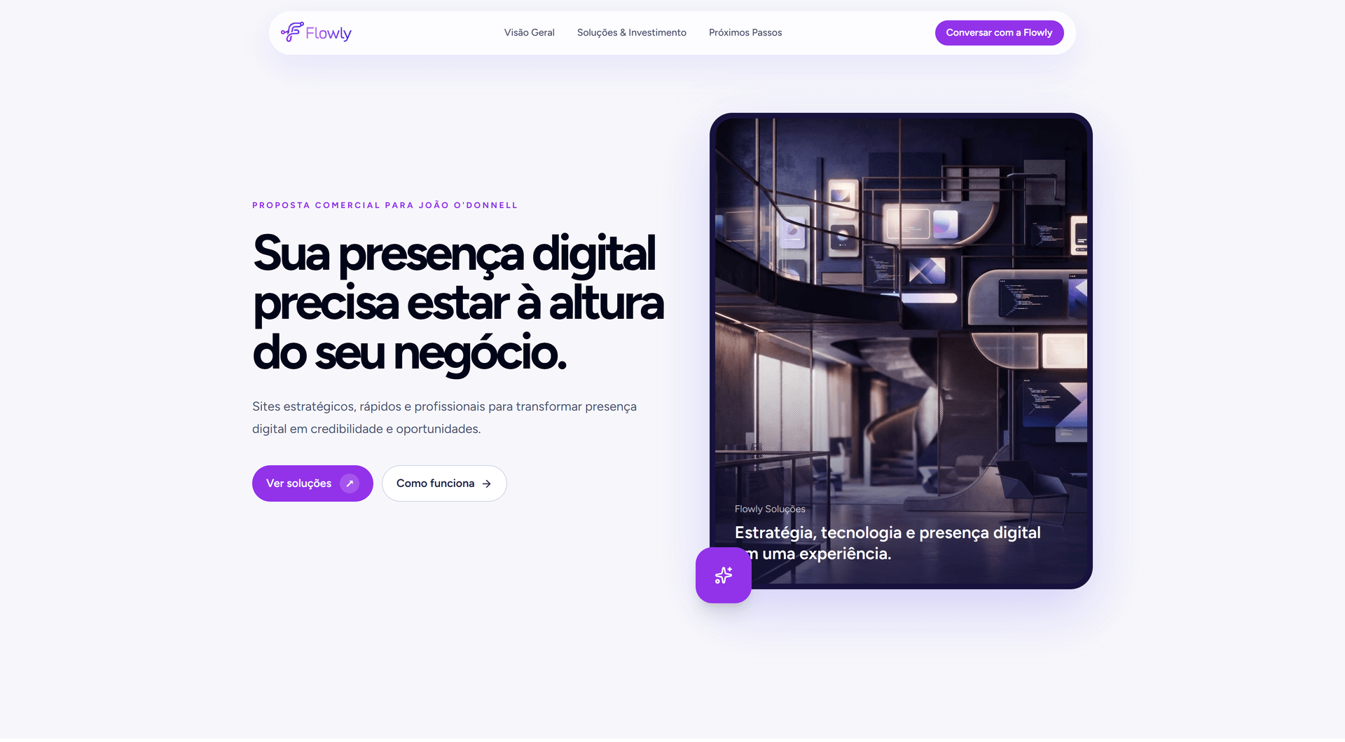 Abertura da proposta: headline “Sua presença digital precisa estar à altura do seu negócio”, com navegação e chamada para ação.